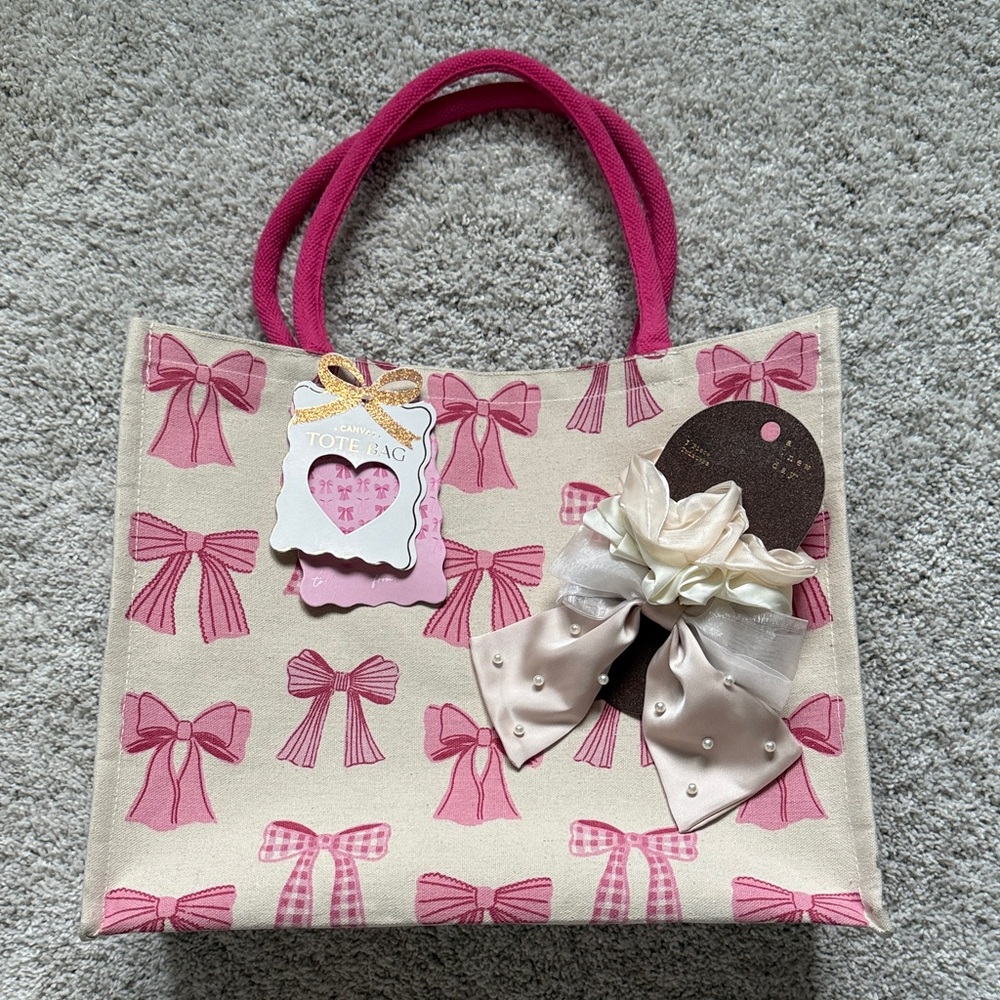 Pink Bow Canvas Tote Bag and Bow Scrunchies